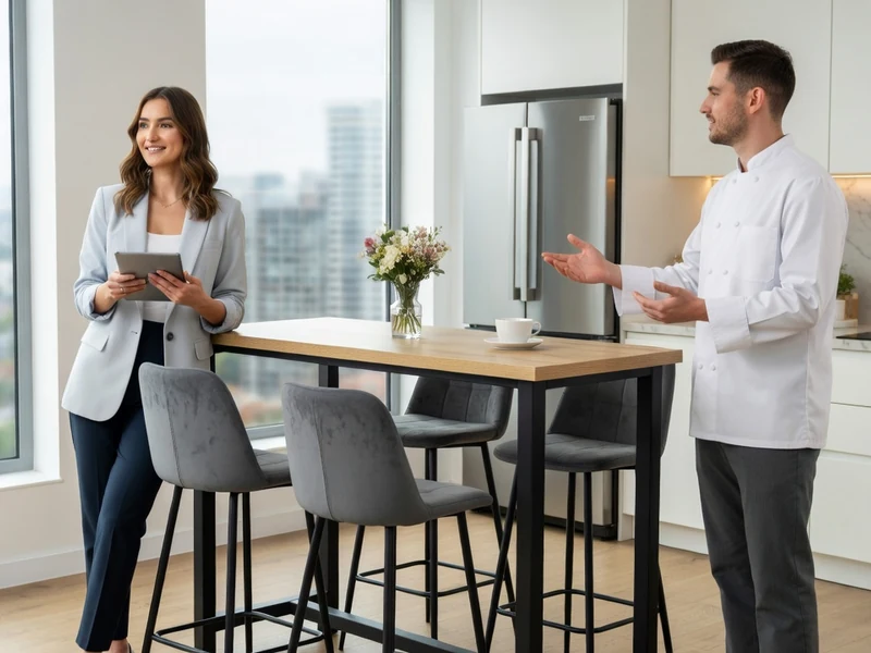 Une femme et un chef discutent autour d'un mange-debout dans une cuisine moderne