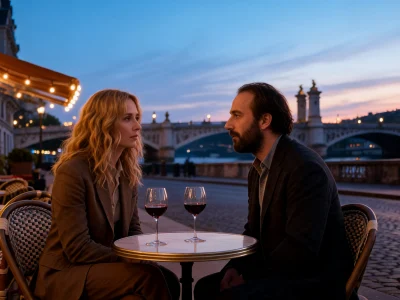 Un couple discute à une table de terrasse parisienne au crépuscule dans chroniques d'une Liaison passagère