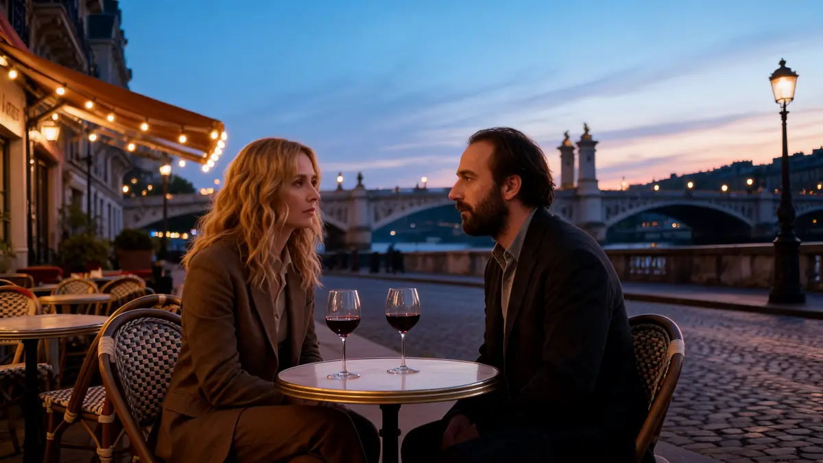 Un couple discute à une table de terrasse parisienne au crépuscule dans chroniques d'une Liaison passagère