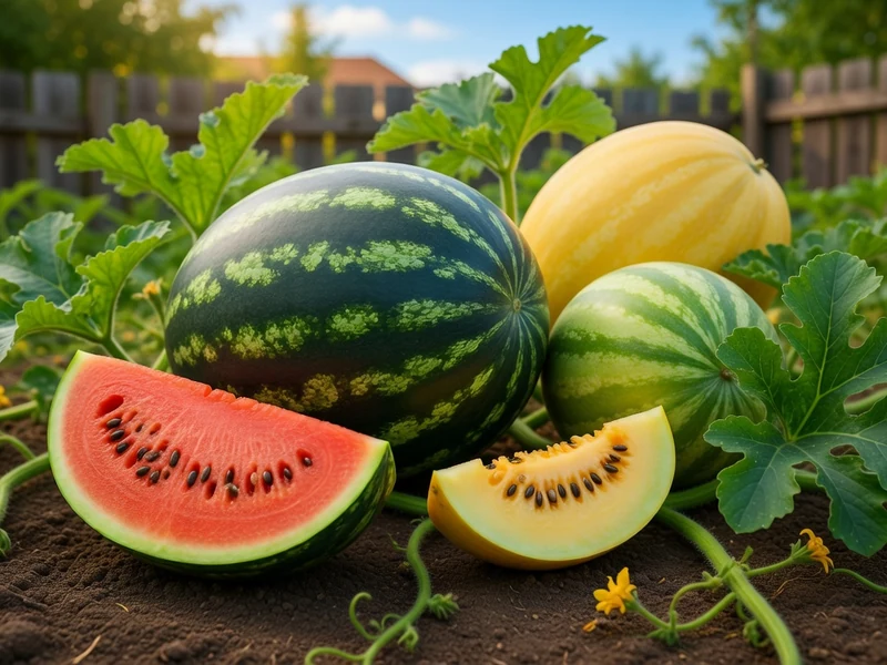 Un melon d'eau rayé, un jaune et des tranches colorées sont posés au sol avec des feuilles
