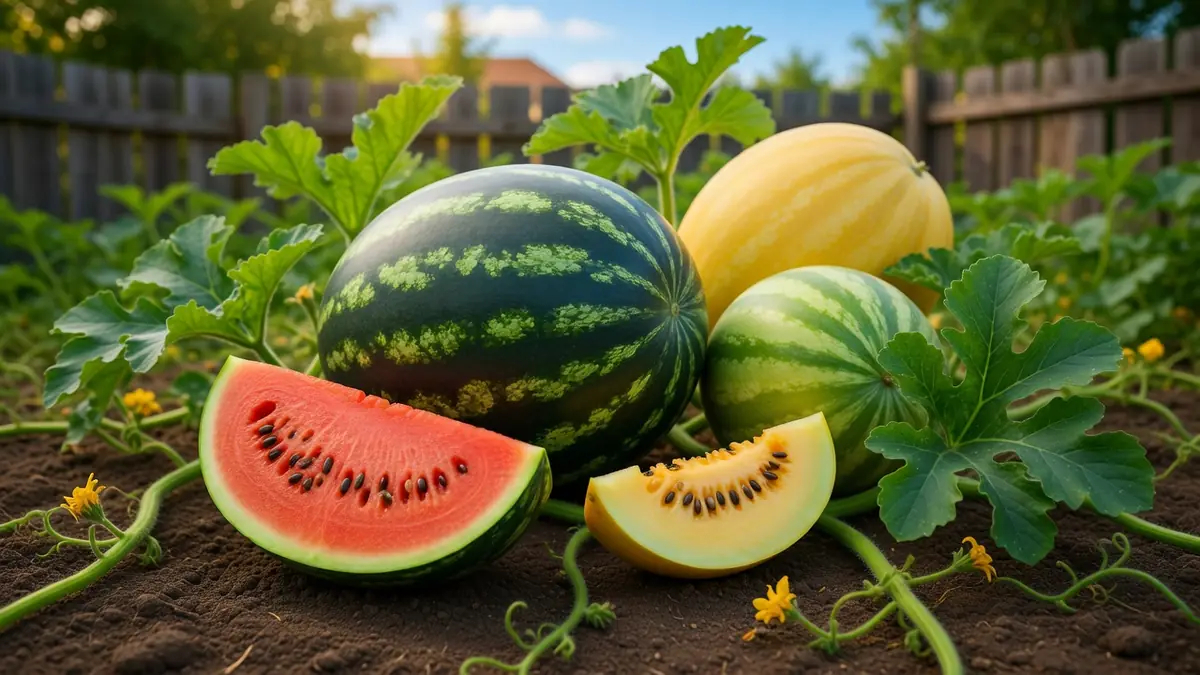 Un melon d'eau rayé, un jaune et des tranches colorées sont posés au sol avec des feuilles