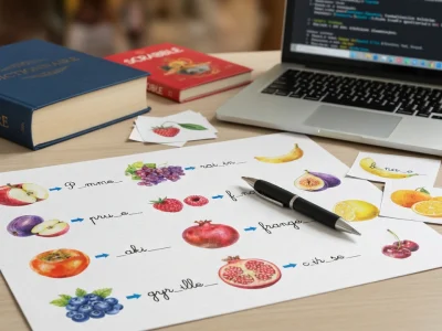 Une table avec fruits illustrés un stylo cartes et ordinateur illustre le mot a trou