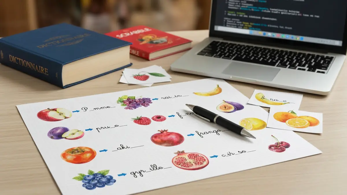 Une table avec fruits illustrés un stylo cartes et ordinateur illustre le mot a trou