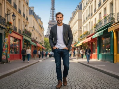 jules Dousset sourit en marchant dans une rue parisienne avec la tour Eiffel derrière lui