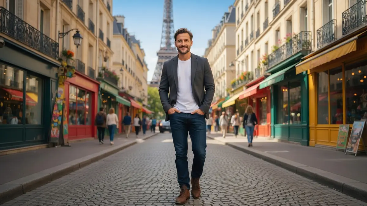 jules Dousset sourit en marchant dans une rue parisienne avec la tour Eiffel derrière lui