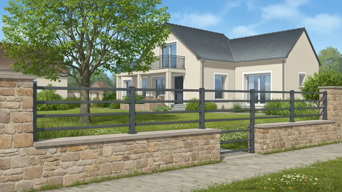 Une maison moderne est entourée de murs bahuts en pierre soutenant une clôture