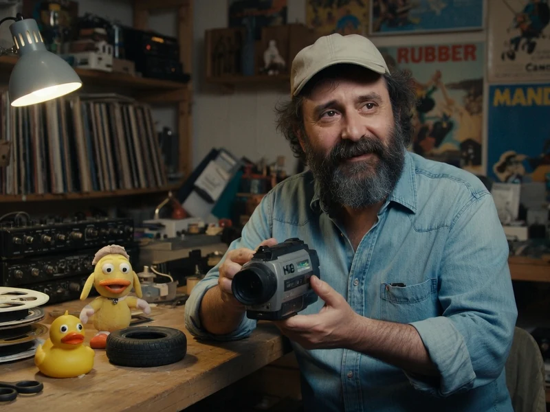 Quentin Dupieux tient une caméra dans son atelier créatif rempli de canards en caoutchouc et de bobines