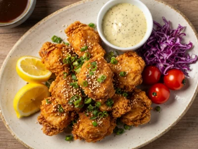 Une assiette de poulet karaage croustillant servi avec une sauce crémeuse, du chou rouge, des tomates et du citron