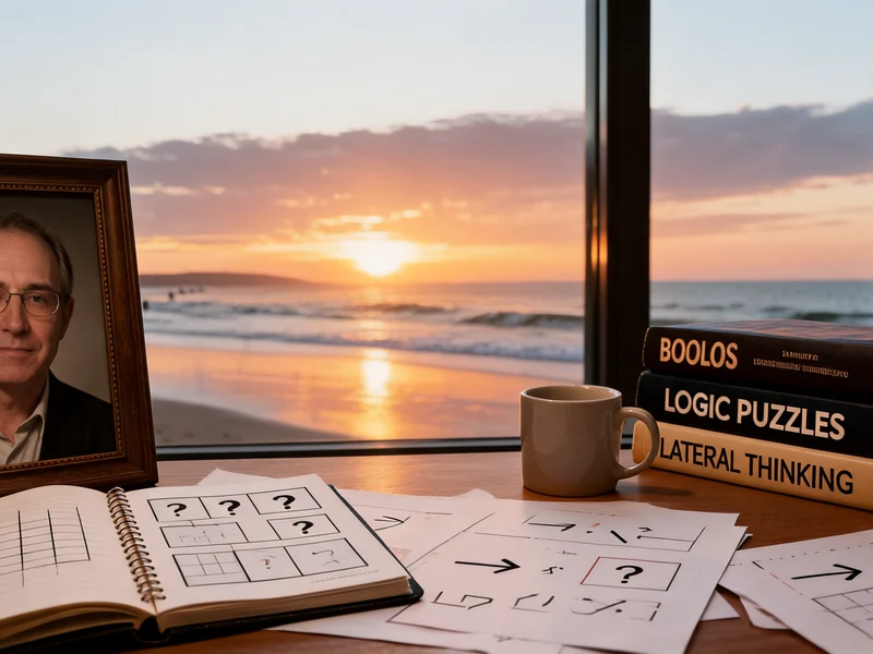 Une table avec puzzles et tasse face à un coucher de soleil sur la mer pour une énigme difficile