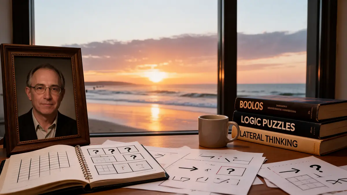 Une table avec puzzles et tasse face à un coucher de soleil sur la mer pour une énigme difficile