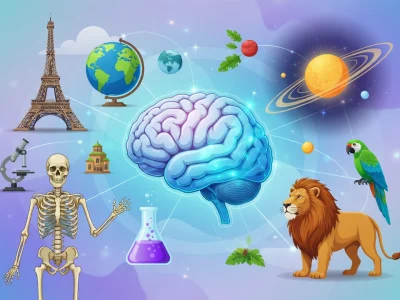Illustration d'un cerveau relié à des symboles variés pour une question sur culture générale