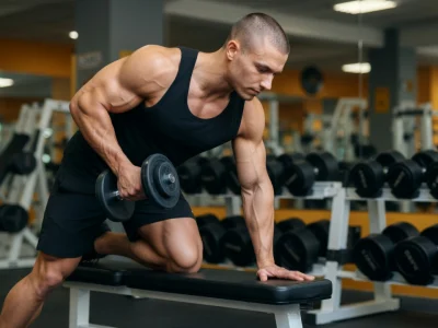 Un homme exécute un rowing haltères à un bras sur un banc en salle de sport