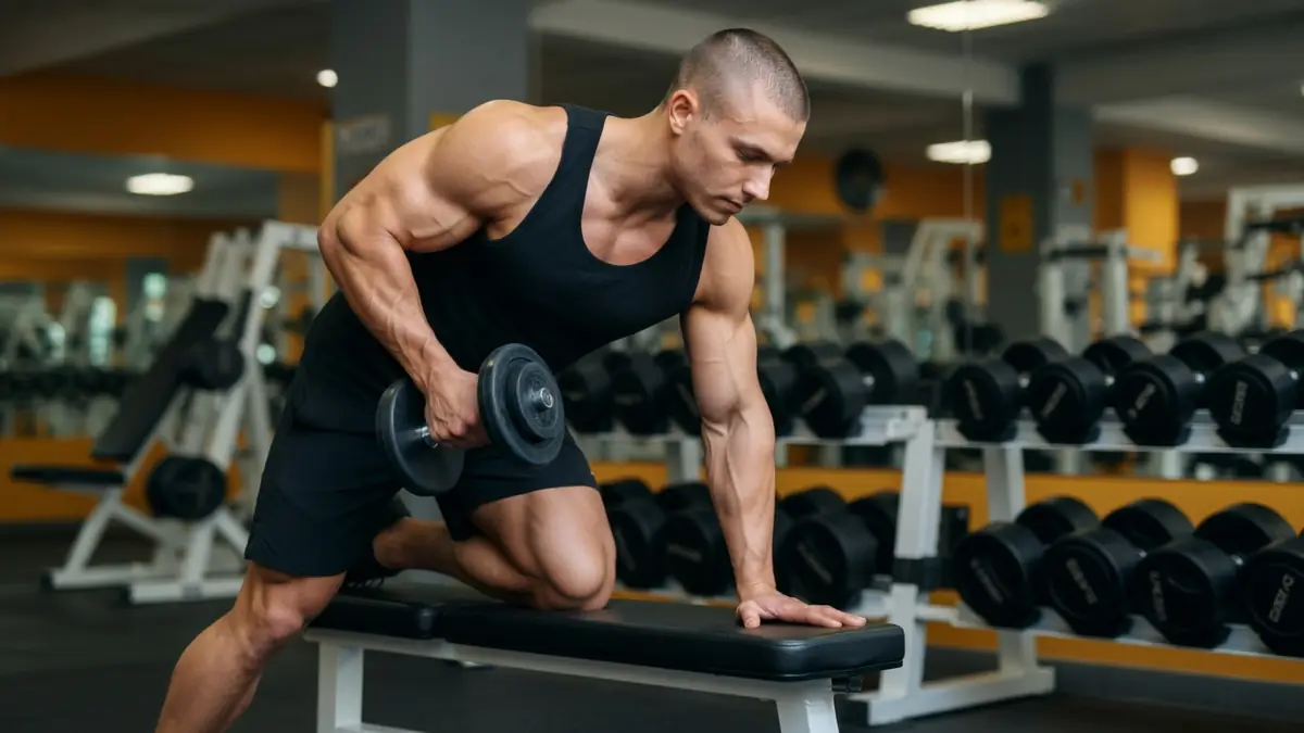 Un homme exécute un rowing haltères à un bras sur un banc en salle de sport