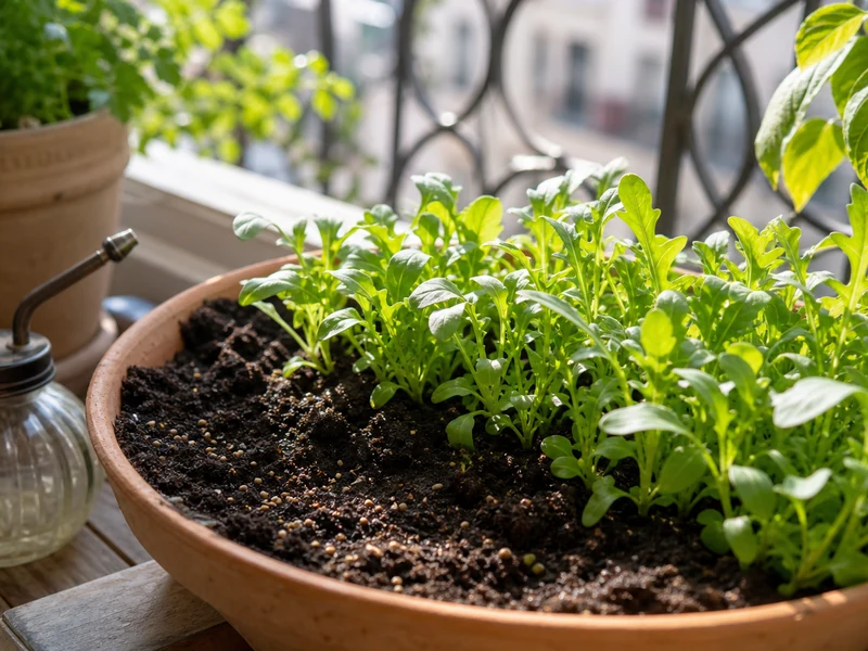 Semis de roquette en pot près d'une fenêtre