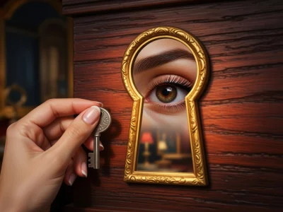 Une main tenant une clé près d'une serrure avec un œil à l'intérieur pour la Femme de ménage tome 2