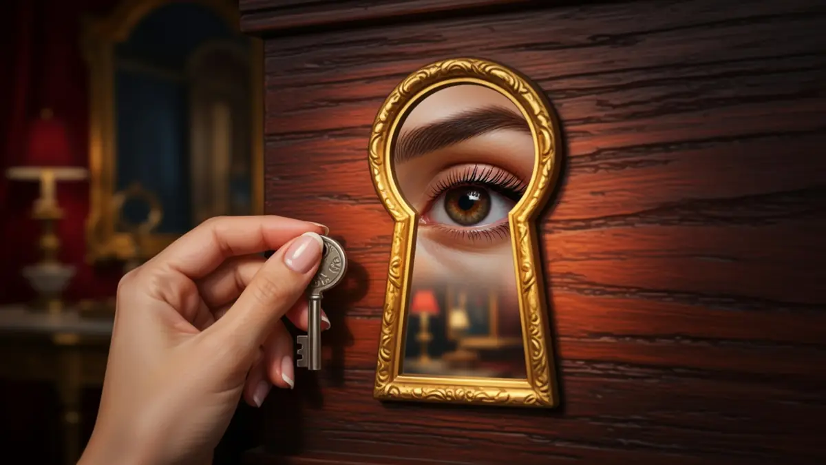Une main tenant une clé près d'une serrure avec un œil à l'intérieur pour la Femme de ménage tome 2