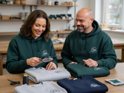 Une femme et un homme examinent avec attention la qualité d'un sweat personnalisé brodé dans un atelier de confection