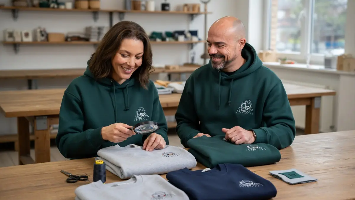 Une femme et un homme examinent avec attention la qualité d'un sweat personnalisé brodé dans un atelier de confection