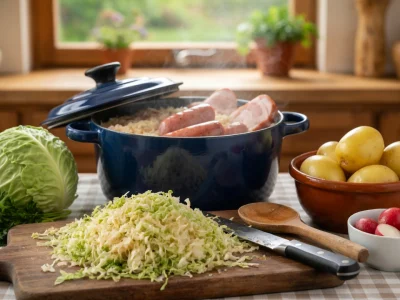 Ingrédients frais sur table rustique pour la recette pour une choucroute