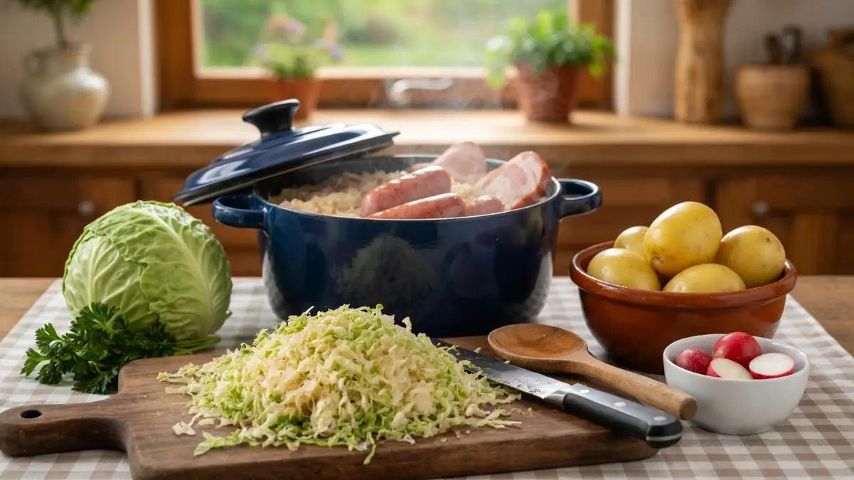 Ingrédients frais sur table rustique pour la recette pour une choucroute