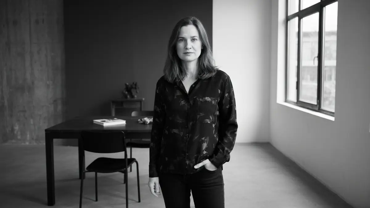 Chloé Dabert se tient dans une pièce minimaliste devant une table et une grande fenêtre
