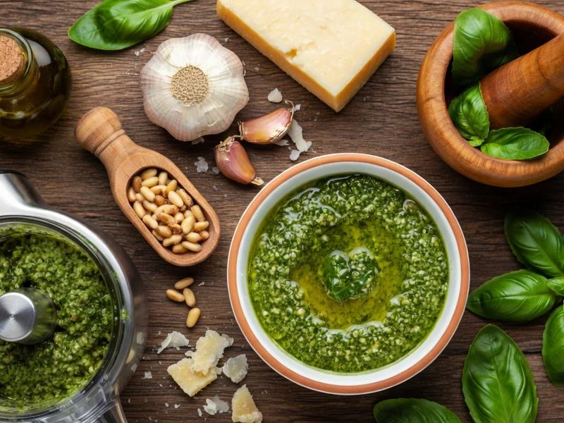 Ingrédients pour la recette pour pesto basilic présentés autour d'un bol de sauce et d'un robot