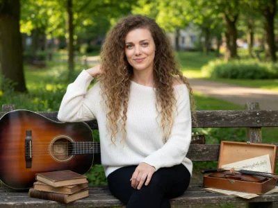 Madeleine Besson est assise sur un banc dans un parc avec une guitare et un violon