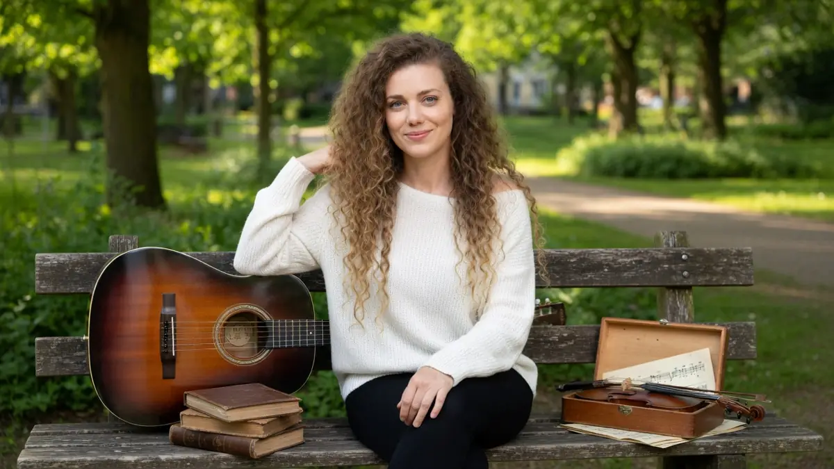 Madeleine Besson est assise sur un banc dans un parc avec une guitare et un violon