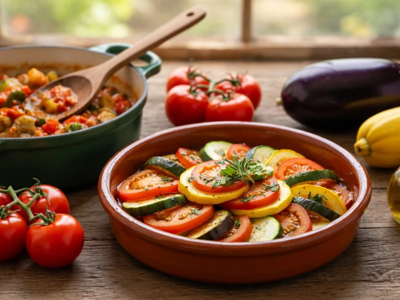 Arrangement de légumes et de ratatouille sur une table rustique illustrant la recette pour La Ratatouille
