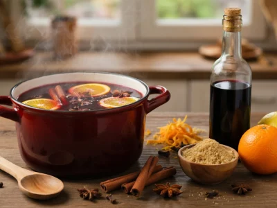 Une cocotte fumante de vin chaud avec agrumes et épices pour la recette pour vin chaud
