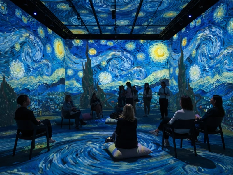 Des personnes assises dans l'installation immersive Van Gogh Strasbourg couverte de motifs tourbillonnants