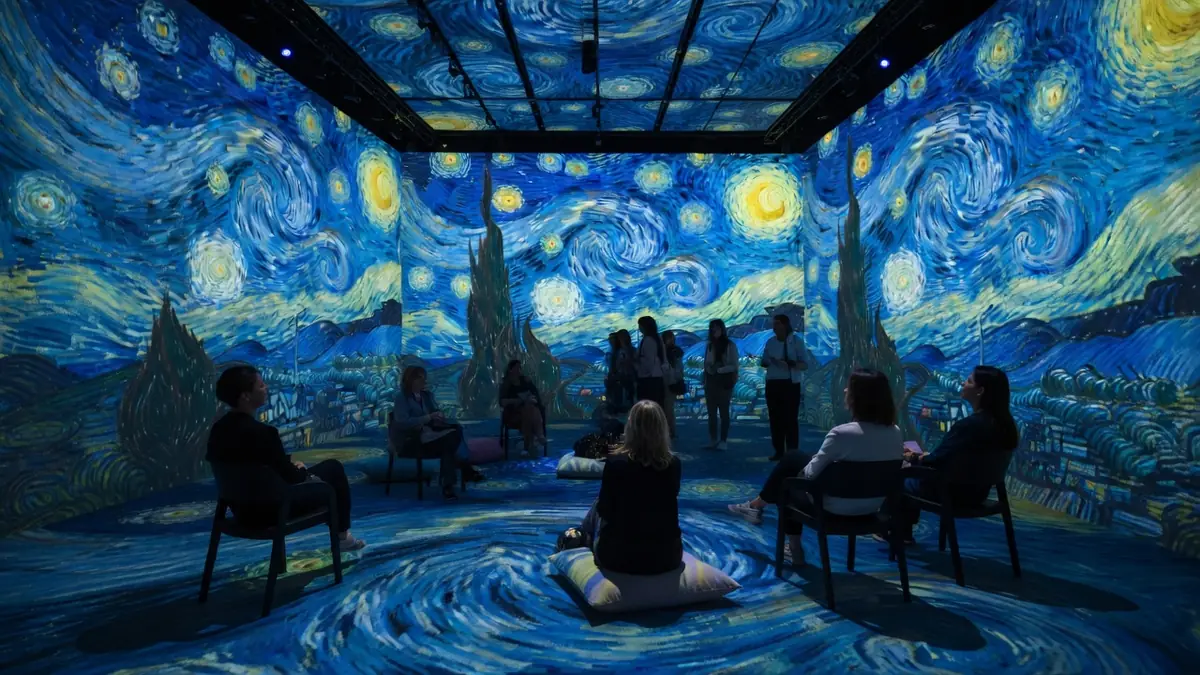 Des personnes assises dans l'installation immersive Van Gogh Strasbourg couverte de motifs tourbillonnants