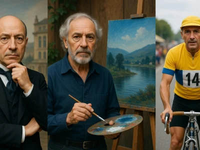 Jean Dupont apparaît en politicien, peintre et cycliste dans ce collage de trois portraits