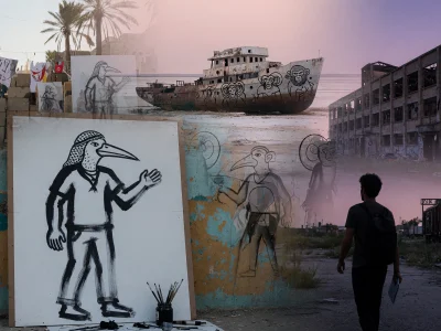 Bilal Berreni s'éloigne de toiles de street art dans une friche industrielle au crépuscule