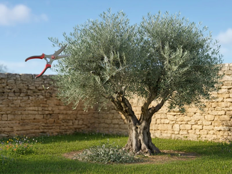 Un olivier au milieu d'un jardin avec des sécateurs montrant comment et quand tailler un olivier