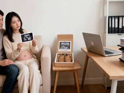 Un couple regarde une échographie pour annoncer la grossesse sur un canapé près d'un espace de travail