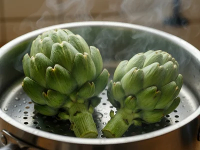 La cuisson des artichauts vapeur expose deux artichauts dans une casserole laissant échapper de la vapeur.