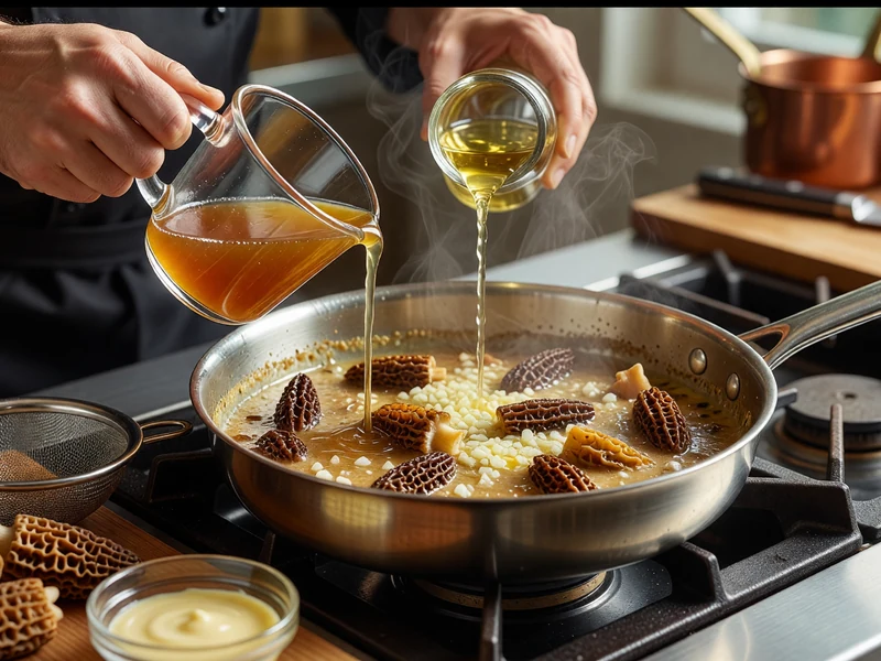 Un chef verse des liquides dans une poêle de morilles pour une sauce au morilles