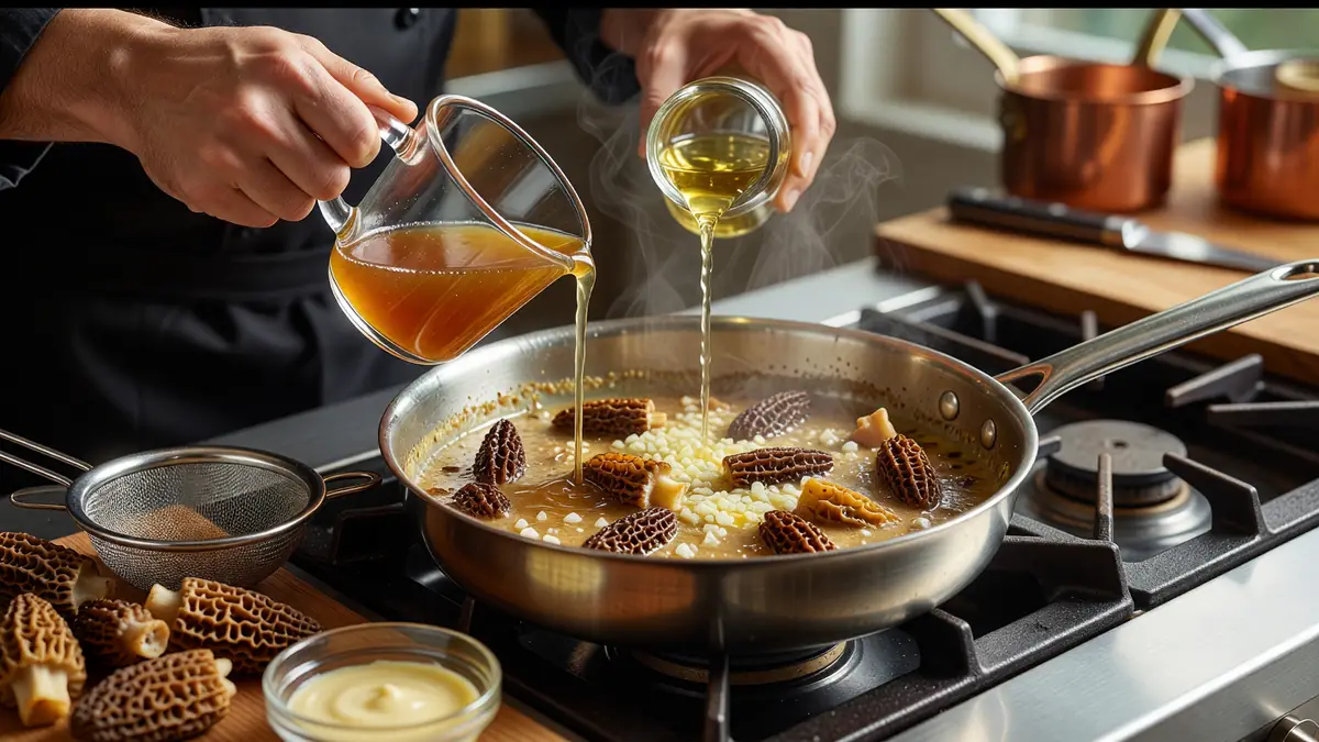 Un chef verse des liquides dans une poêle de morilles pour une sauce au morilles