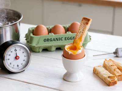 Matériel pour cuisine oeuf a la coque avec casserole bouillante minuteur et oeuf coque