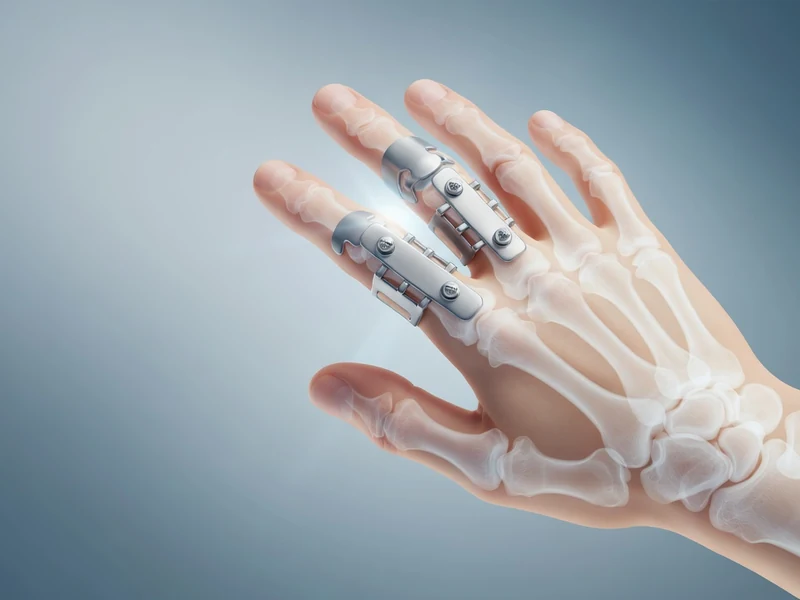 Représentation médicale d'une main avec des attelles articulaires pour illustrer une arthrodèse main