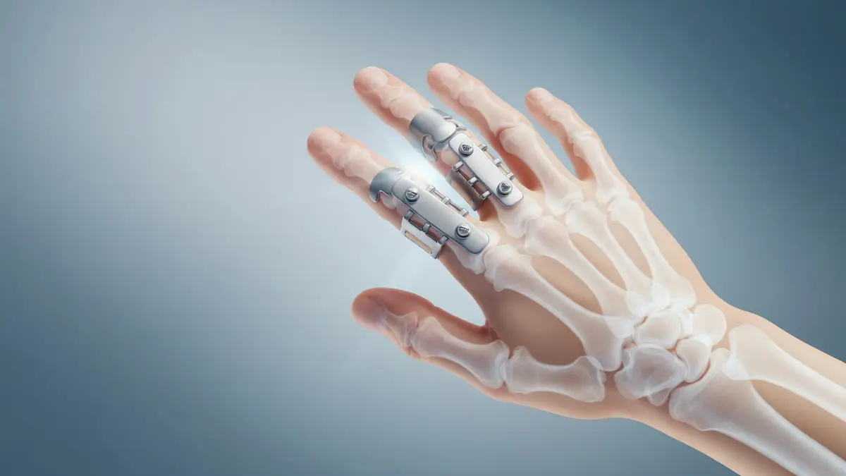 Représentation médicale d'une main avec des attelles articulaires pour illustrer une arthrodèse main