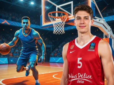 Hugo Benitez se tient en maillot rouge sur un parquet de basket à côté d'un joueur en bleu en action