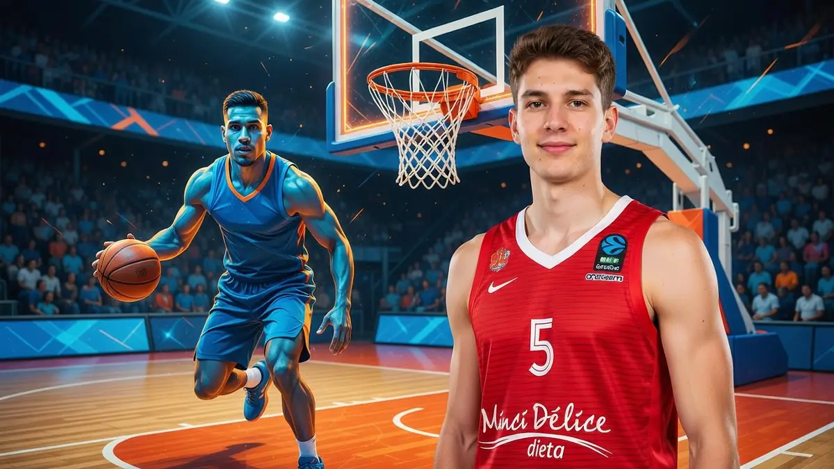 Hugo Benitez se tient en maillot rouge sur un parquet de basket à côté d'un joueur en bleu en action