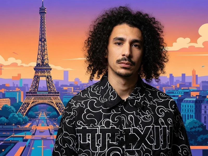 Ichem Bougheraba se tient devant la tour Eiffel et la skyline de Paris au crépuscule