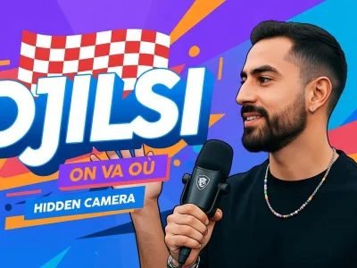 Djilsi sourit en tenant un micro devant un fond coloré dynamique