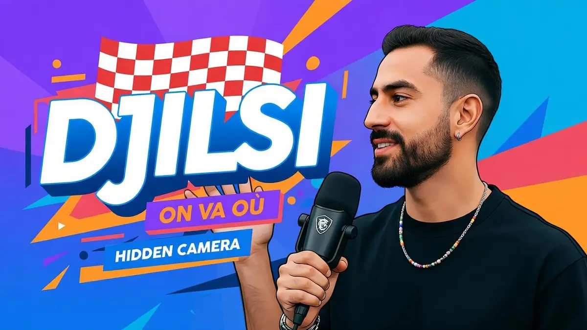 Djilsi sourit en tenant un micro devant un fond coloré dynamique