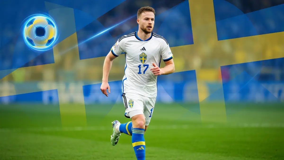 Gabriel Gudmundsson court sur le terrain de football en maillot de la Suède