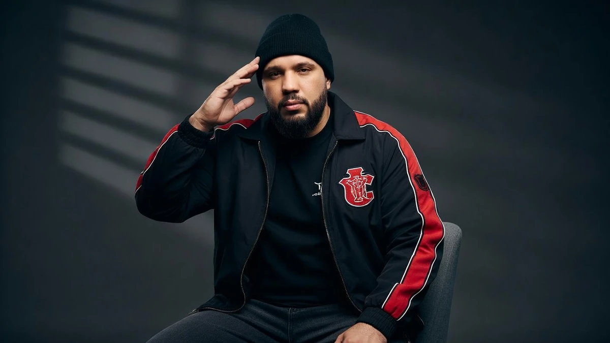Kofs est assis avec une main près de la tête et une veste noire à bandes rouges