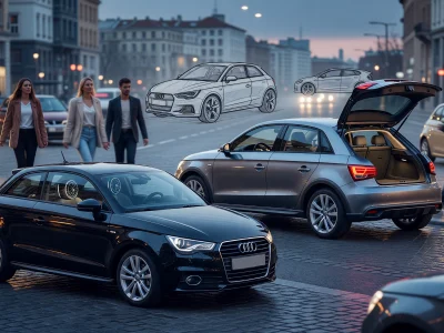 Une Audi A1 noire sur une rue pavée entourée de passants avec des esquisses de voitures en fond